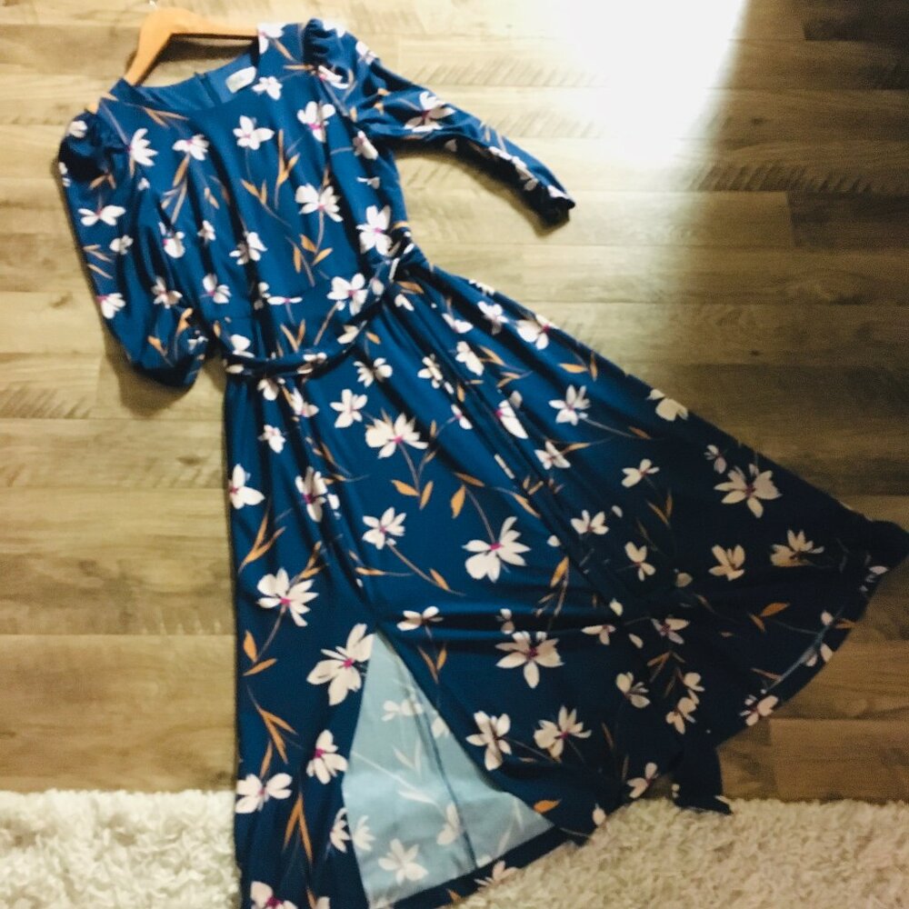 Eliza J Classy Blue Floral Belted Retro A-Line Maxi Dress - Picture 9 of 16